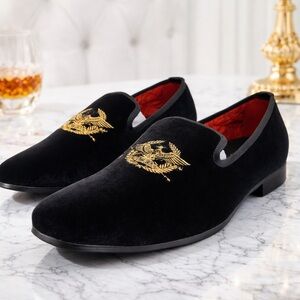Caesar Walks Men’s Velvet Loafers Black Gold Embroidered Slip On Dress Shoes